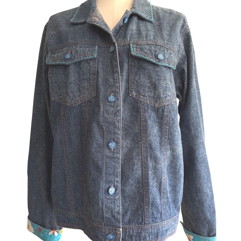 Tropical Mix Resortwear Blue Denim Jacket Beaded Floral Applique L